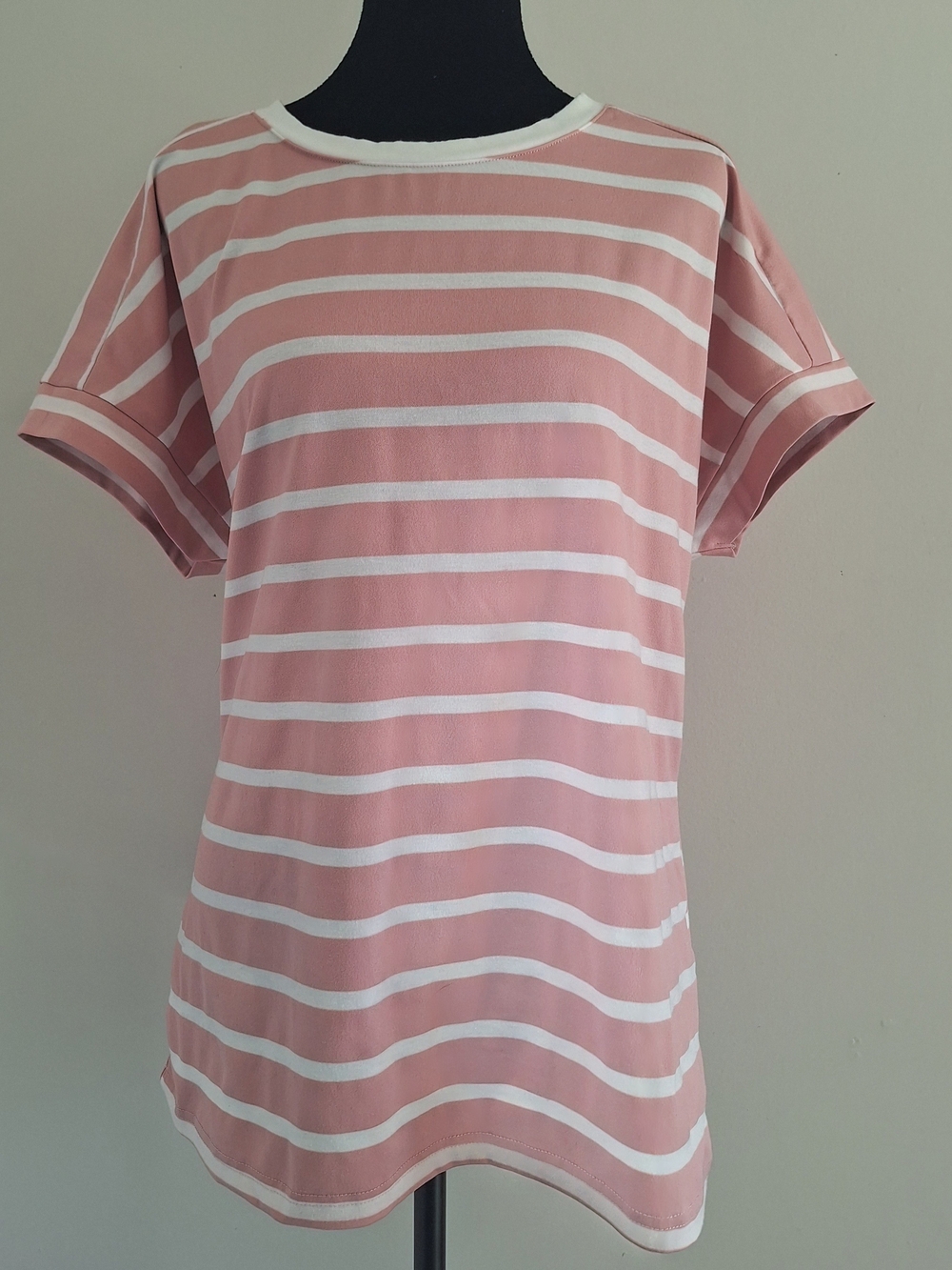 Wiholl Striped Pink & White Short Sleeve Crew Tee